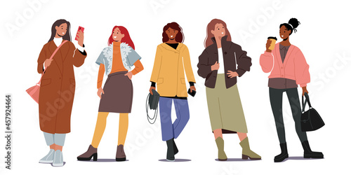 Group of Stylish Women in Autumn Fashion Outfits. Young Female Characters Wear Modern Casual Clothes for Fall Season