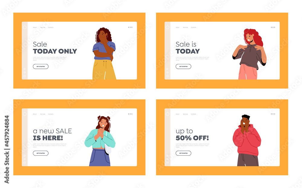 Amazed, Surprised People Sale Landing Page Template Set. et Young Men and Women Happy Excited Reaction. Wow Effect Amazed, Surprised People Sale Landing Page Template Set. et Young Men and Women Happy Excited Reaction. Wow Effect