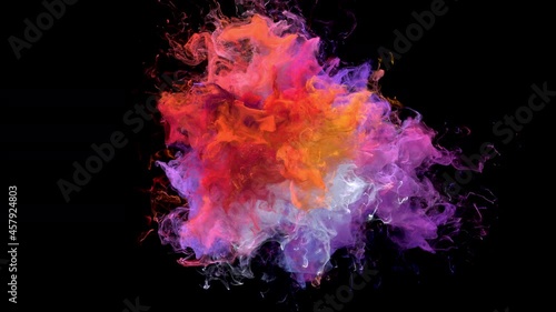 Color Burst - Colorful smoke powder explosion. Coloured fluid ink particles in slow motion. Isolated on black background. Alpha matte 4k.