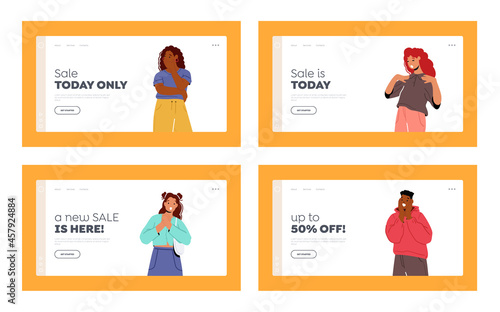 Amazed, Surprised People Sale Landing Page Template Set. et Young Men and Women Happy Excited Reaction. Wow Effect
