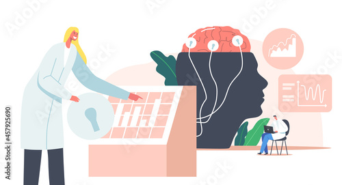 Neurology Science. Male Doctor Character at Huge Human Head with Brain Connected with Wires to Display with Eeg