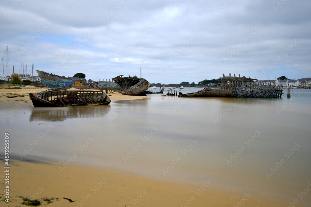 wrecks of wooden boats at the Magouer in Brittany France wrecks of wooden boats at the Magouer in Brittany France