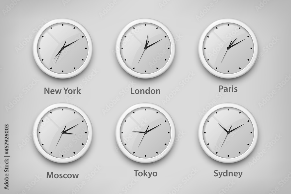 Vector 3d Realistic White Wall Office Clock Set. Time Zones of Different Cities, White Dial. Design Template of Wall Clock, Timezones. Closeup. Mock-up for Branding, Advertise. Top, Front View Vector 3d Realistic White Wall Office Clock Set. Time Zones of Different Cities, White Dial. Design Template of Wall Clock, Timezones. Closeup. Mock-up for Branding, Advertise. Top, Front View