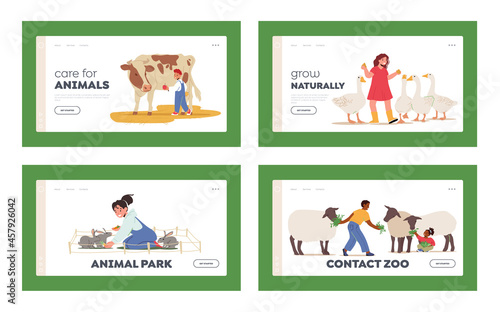 Little Kids Visit Farming Zoo Landing Page Template Set. Children Feeding Animals, Toddlers Petting Domestic Animals