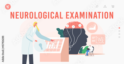 Neurological Examination Landing Page Template. Neurology Science. Male Doctor Character at Huge Human Head with Brain