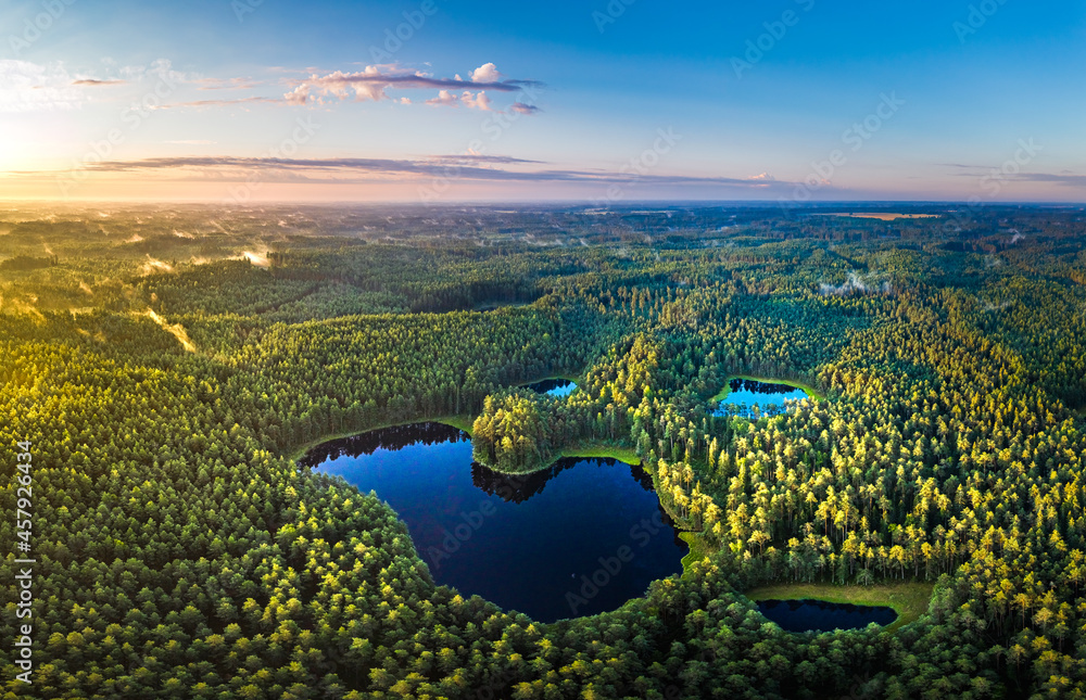 Aerial view of sunrise over a pine forest with lake. Foggy and colorful morning in countryside.