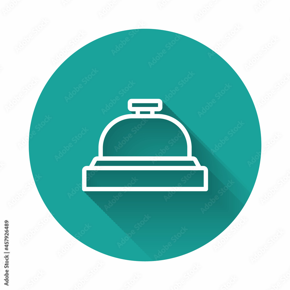 White line Hotel service bell icon isolated with long shadow background. Reception bell. Green circle button. Vector White line Hotel service bell icon isolated with long shadow background. Reception bell. Green circle button. Vector