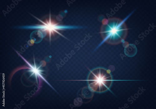 Set of realistic light glare, highlight with blurred bokeh effect on blue background