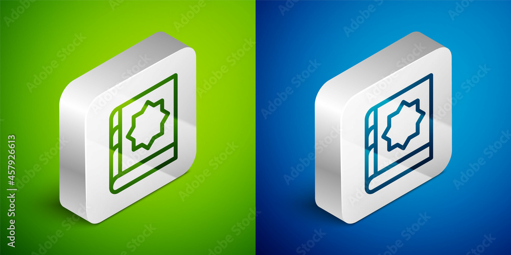 Isometric line Holy book of Koran icon isolated on green and blue background. Muslim holiday, Eid Mubarak, Eid al-fitr, Ramadan Kareem. Silver square button. Vector Isometric line Holy book of Koran icon isolated on green and blue background. Muslim holiday, Eid Mubarak, Eid al-fitr, Ramadan Kareem. Silver square button. Vector