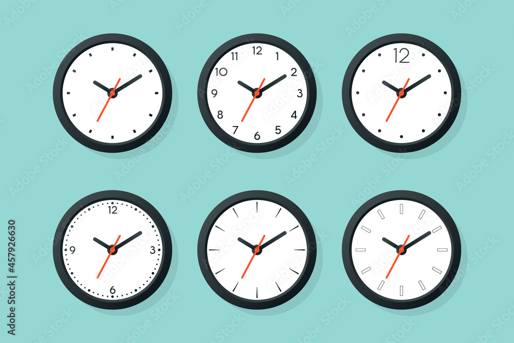 Flat Vector Wall Office Clock Icon Set Isolated. White Dial. Design Template of Wall Clock. Time Concept. Top, Front View Flat Vector Wall Office Clock Icon Set Isolated. White Dial. Design Template of Wall Clock. Time Concept. Top, Front View