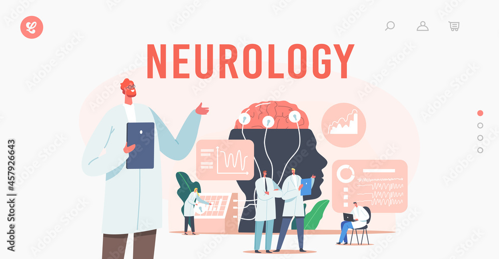 Neurology Landing Page Template. Doctor Neurologist, Neuroscientist, Physicians Study Brain Connected to Display