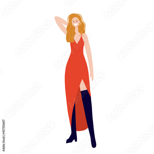 Young lady wearing a red slit dress on a white background. Gorgeous woman. Flat vector illustration.