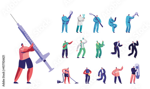 Set of Male Characters with Medicine Stuff, Tiny Men with Huge Syringe, Drill Machine, Toothbrush and Dentist Mirror