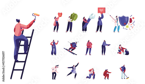 Set of Female Characters Painting Wall with Roller, Skiing or Biathlon Sport, Fight with Virus. Women Skating on Rink