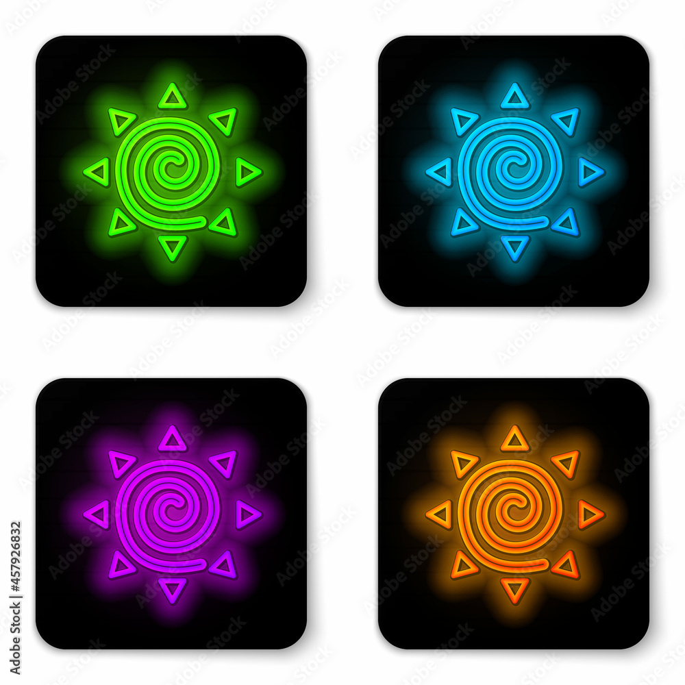 Glowing neon line Sun icon isolated on white background. Summer symbol. Good sunny day. Black square button. Vector Glowing neon line Sun icon isolated on white background. Summer symbol. Good sunny day. Black square button. Vector
