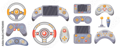 Set of Videogame Joysticks. Consoles, Gamepads for Playing Video Games, Wireless Gaming Gadgets, Gamepad, Steering Wheel