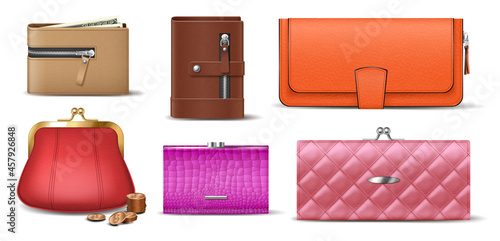 Set of leather wallets accessories for money banknotes, coins, bills and credit cards