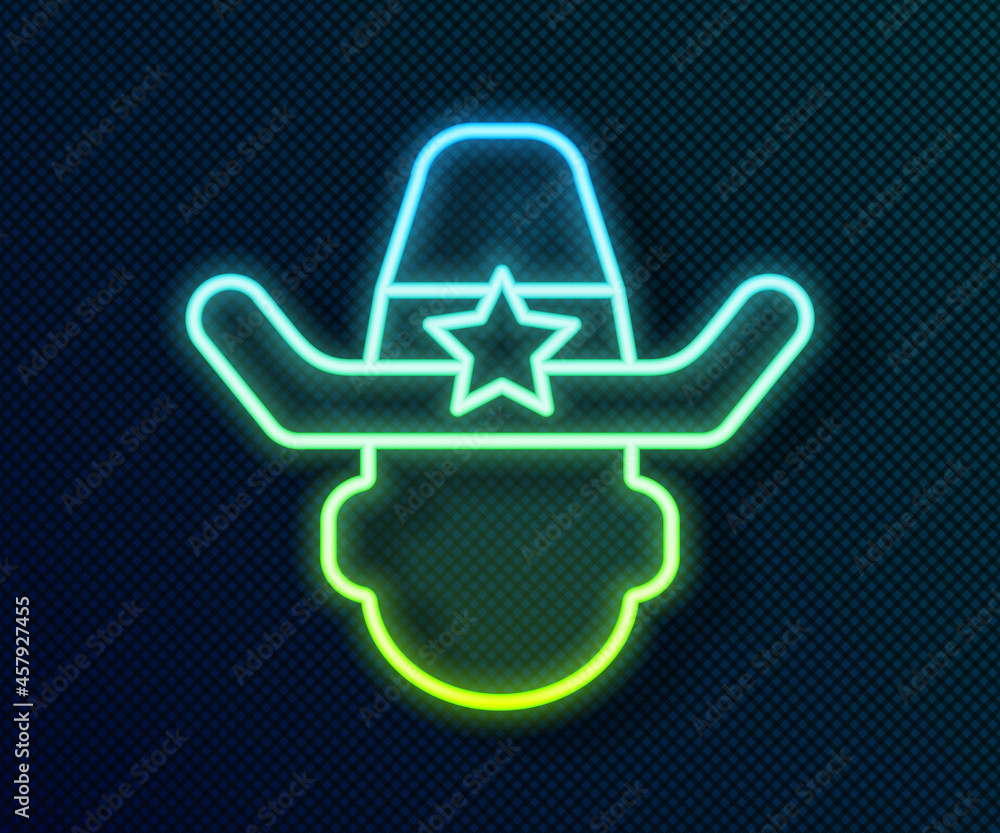 Glowing neon line Sheriff cowboy hat with star badge icon isolated on black background. Police officer. Vector Glowing neon line Sheriff cowboy hat with star badge icon isolated on black background. Police officer. Vector