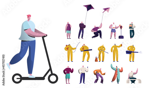 Set of Male Characters Riding Electric Scooter, Playing with Kite, Workout with Punching Bag. Men in Hazmat Suits