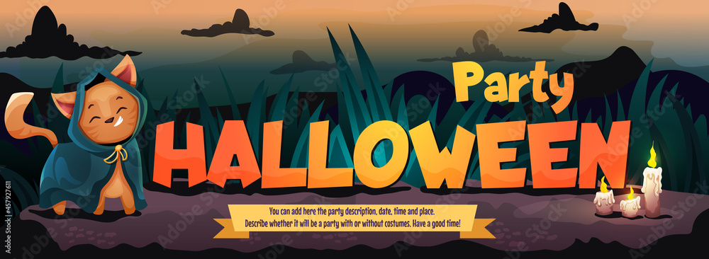 Fototapeta premium Halloween Cute Cat Costume Party. Template for Invitation flyer with text. Vector cartoon illustration.
