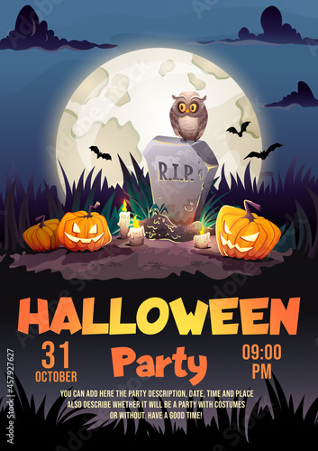 Halloween party poster with gravestone tomb, old owl and scary pumpkins in cemetery with full moon background. Template for Invitation flyer with text. Vector cartoon illustration.