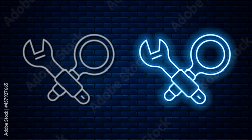 Glowing neon line Debugging icon isolated on brick wall background. Debugging tool. Magnifying glass on bug programming. Testing and setting software. Vector