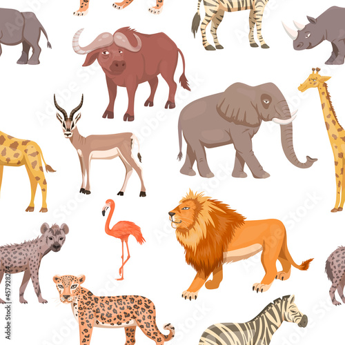 African Savannah Wild Animal Seamless Pattern. Lion, Rhino, Zebra, Buffalo, Giraffe, Flamingo, Leopard, Gazelle, Elephant, Hyena. Flat Vector Illustration. Animals of Africa. Savannh Safari Concept