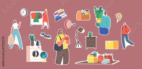 Set of Stickers Characters Visiting Flea Market, Antique Things Shopping. Garage Sale, Retro Bazaar with Old Stuff