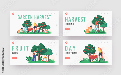Garden Harvest Landing Page Template Set. Characters Harvesting Apples in Orchard, Gardeners Collect Fruit Crop on Farm