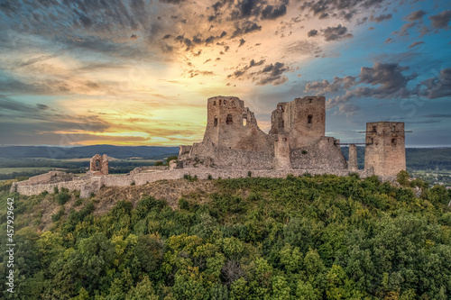 Billede på lærred Aerial view of historic Csesznek castle ruin in the Bakony mountain in Hungary w