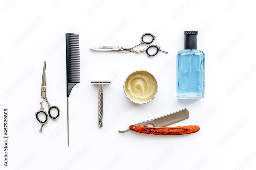 Shaving accessories set with barber razor. Top view Shaving accessories set with barber razor. Top view