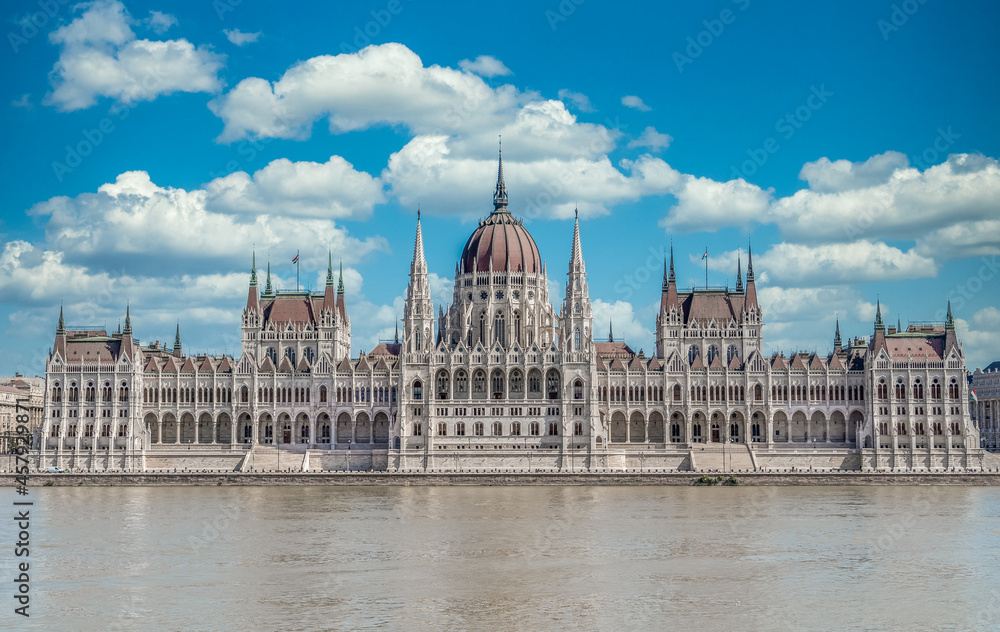 Summer view of the Hungarian Parliament built in Neo-Gothic style along the Danube river with perfect symmetry with cloudy blue sky