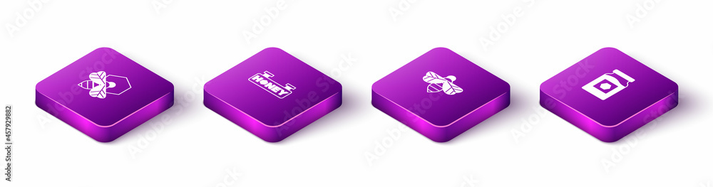 Set Isometric Bee and honeycomb, Hanging sign with, and Jar of icon. Vector Set Isometric Bee and honeycomb, Hanging sign with, and Jar of icon. Vector