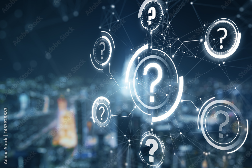Abstract glowing question marks interface on blurry night city background. Technology, faq, online help, problem solution concept. Double exposure. Abstract glowing question marks interface on blurry night city background. Technology, faq, online help, problem solution concept. Double exposure.