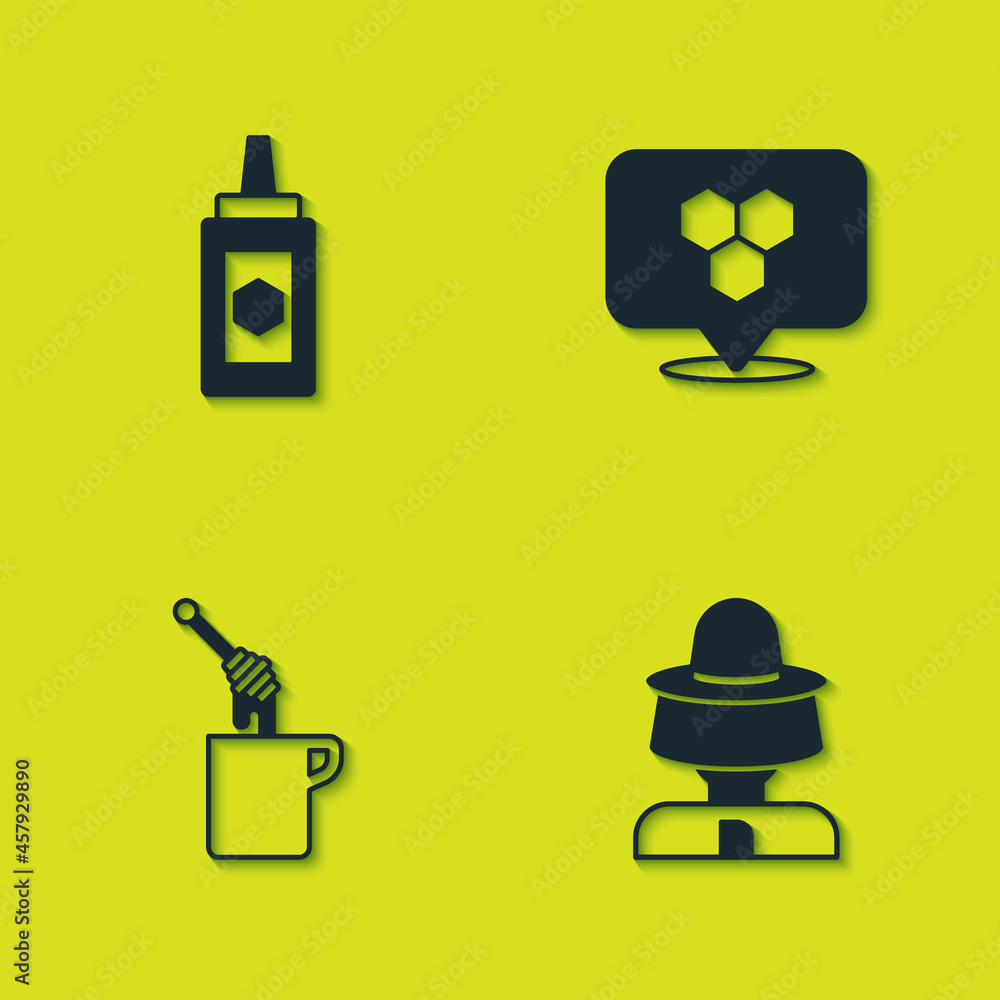 Set Jar of honey, Beekeeper with protect hat, Honey dipper stick and Honeycomb bee location icon. Vector Set Jar of honey, Beekeeper with protect hat, Honey dipper stick and Honeycomb bee location icon. Vector