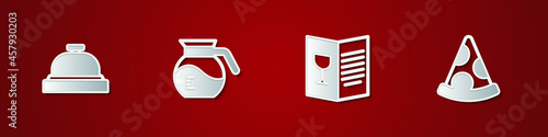Set Hotel service bell, Coffee pot, Restaurant cafe menu and Slice pizza icon. Vector
