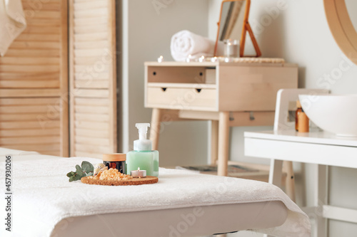 Spa supplies on table in beauty salon