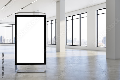 Modern empty concrete room interior with windows empty poster stand, city view, sunlight and shadows. Mock up, 3D Rendering.