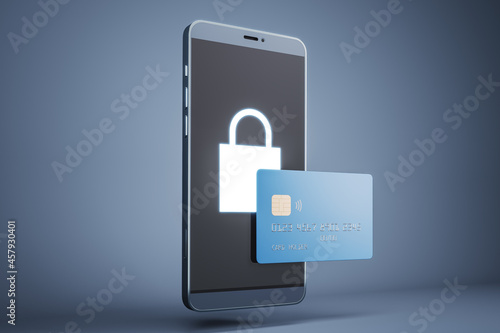 Creative smartphone with padlock and credit card on gray background. Online purchase and web security concept. 3D Rendering. photo