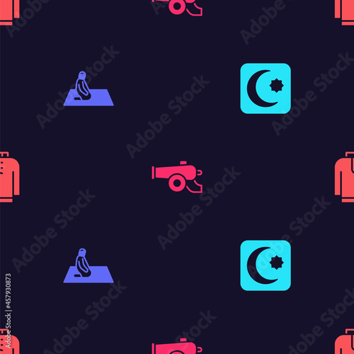 Set Star and crescent, Muslim man prays, Ramadan cannon and Shirt kurta on seamless pattern. Vector