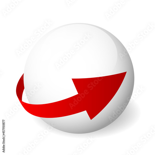 Loop circle arrow icon around sphere. Abstract symbol. Simple 3D vector sign with dropped shadow.