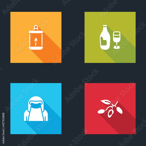 Set Ramadan Kareem lantern, Wine bottle with glass, Muslim woman niqab and Date fruit icon. Vector