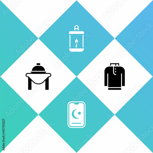 Set Table food, Star and crescent, Ramadan Kareem lantern and Shirt kurta icon. Vector