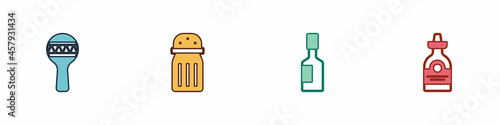 Set Maracas, Salt, Tabasco sauce and Tequila bottle icon. Vector
