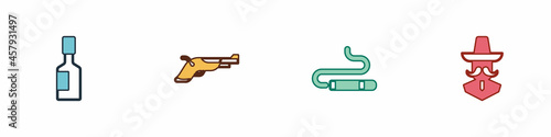 Set Tabasco sauce, Vintage pistols, Cigar and Mexican man sombrero icon. Vector