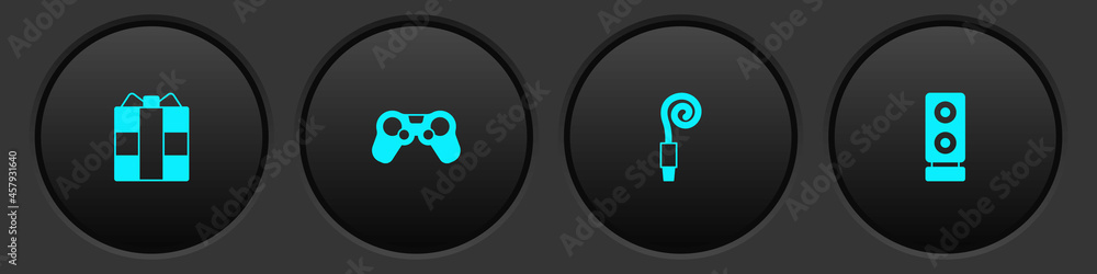 Set Gift box, Gamepad, Birthday party horn and Stereo speaker icon. Vector Set Gift box, Gamepad, Birthday party horn and Stereo speaker icon. Vector