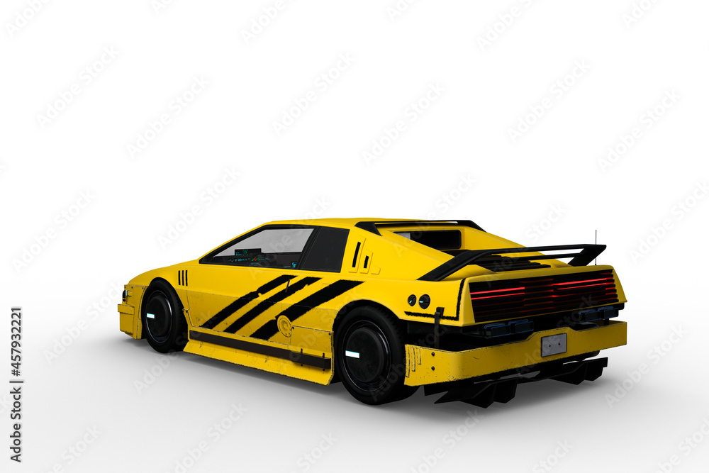 Rear perspective 3D rendering of a yellow and black cyberpunk style futuristic car isolated on a white background.