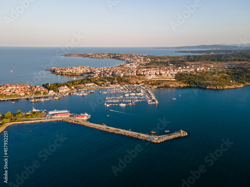 Fototapeta Naklejka Na Ścianę i Meble -  Aerial sunset view of old town and port of Sozopol, Bulgaria