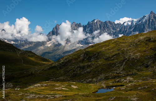 The view from a hiking trail starting at Refuge de Bellachat near Les Houches and Chamonix toward Massif du Mont Blank. September 2021