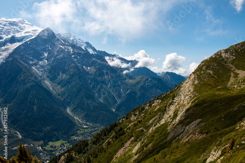 The view from a hiking trail from Les Houches to Refuge de Bellachat (near Chamonix) toward the glaciers of Massif du Mont Blanc. September 2021